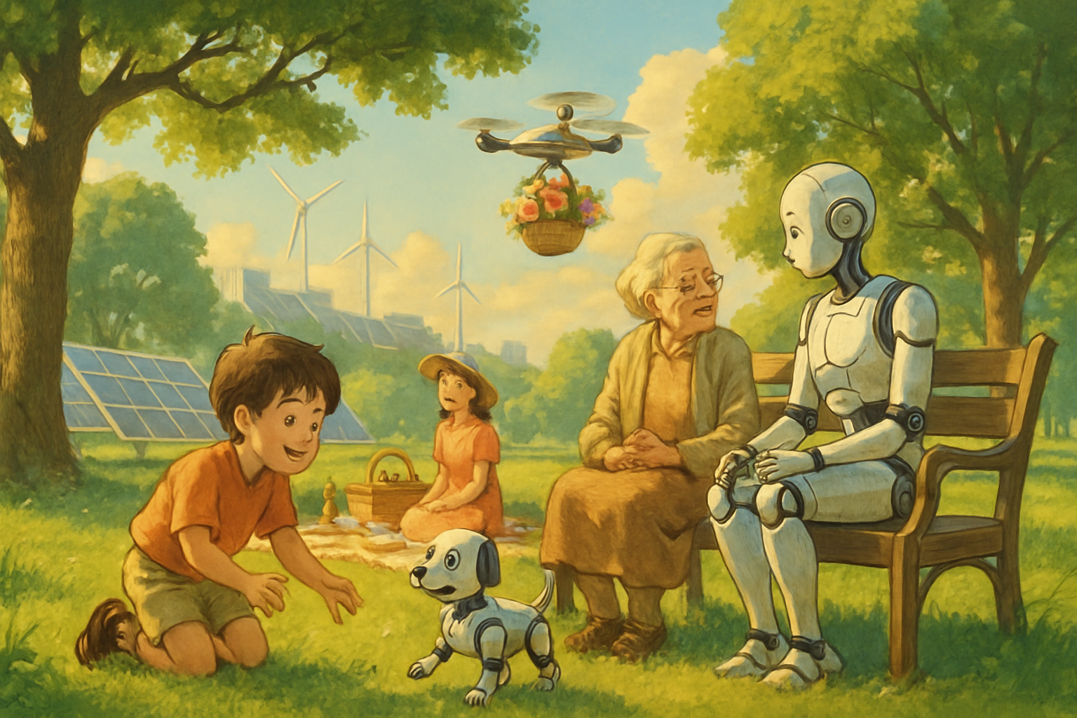 A utopian future where humans and robots live together peacefully in a beautiful park