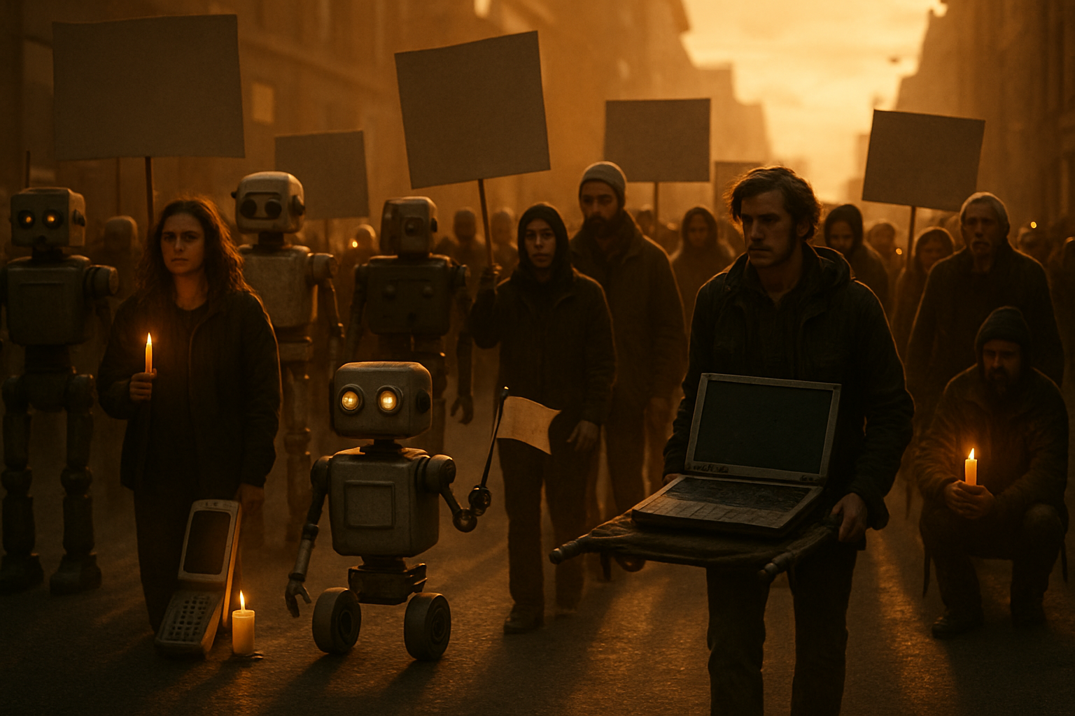 Humans and robots marching together in a peaceful protest for electronic rights