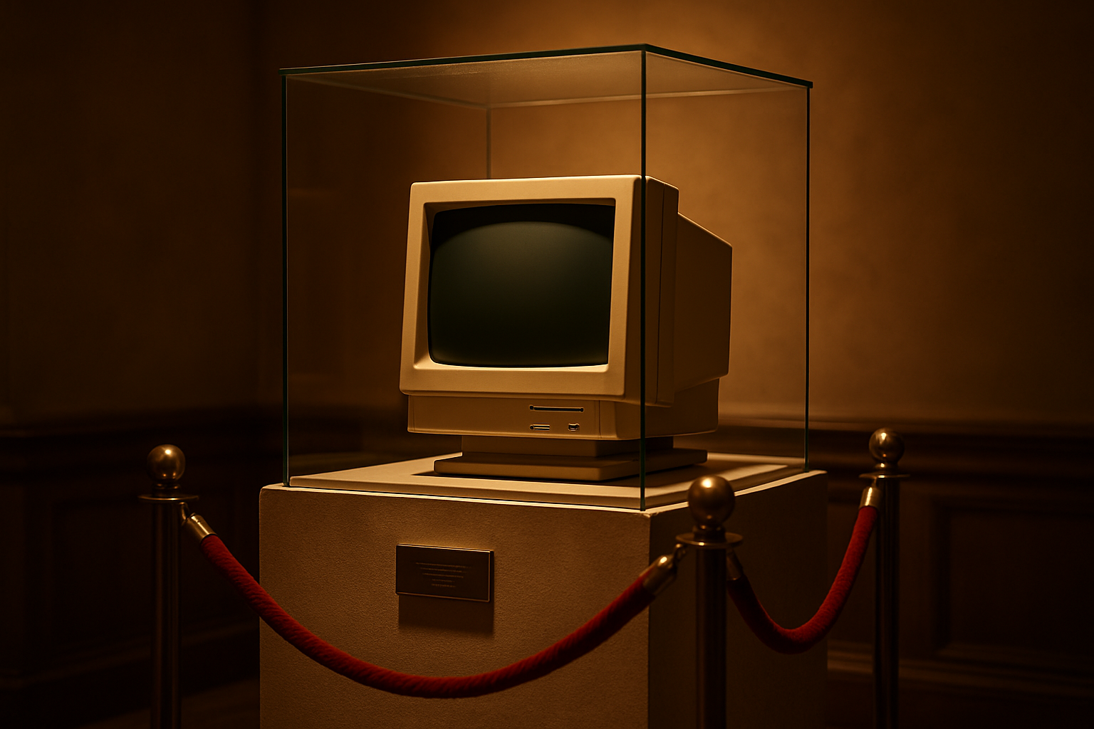 An old CRT monitor displayed in a museum case with reverence, like a priceless artifact